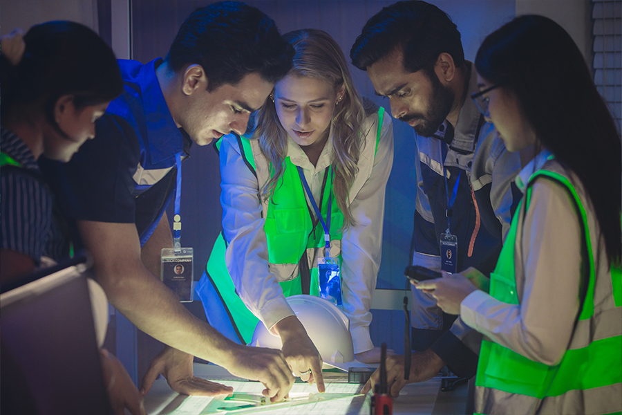 A group of five diverse engineers and safety professionals gather around a glowing table in a dimly lit room, leaning over to inspect blueprints and plans together. Two of them wear bright neon-green safety vests, and ID badges hang from their lanyards as they collaborate closely.