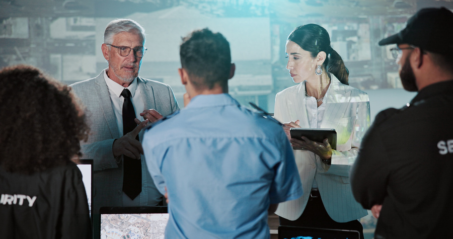 A group of security and emergency management professionals meets in a control room while discussing information displayed on large screens. Two leaders stand at the front of the room briefing the team.