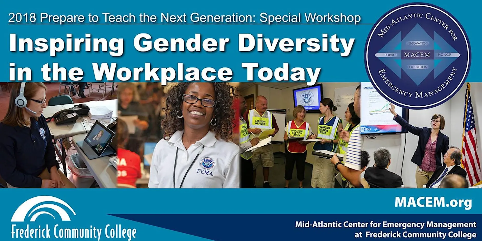 Banner promoting the 2018 workshop “Inspiring Gender Diversity in the Workplace Today,” featuring workplace and emergency management training scenes, with MACEM and Frederick Community College logos.