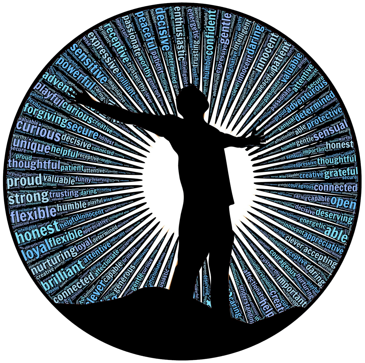 A black silhouette of a person standing with arms spread wide is positioned in the center of a circular word cloud. Numerous positive descriptive words—such as 