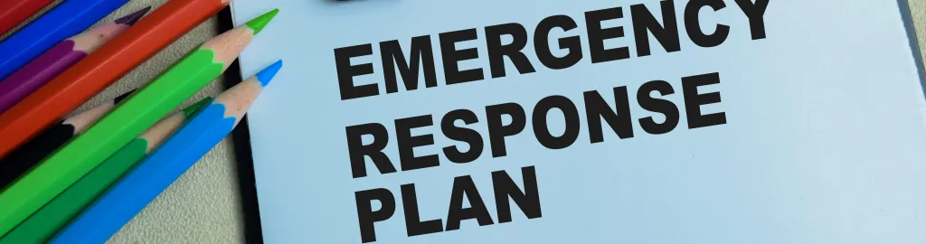 A header image of several colored pencils on top of a clipboard that reads Emergency Response Plan
